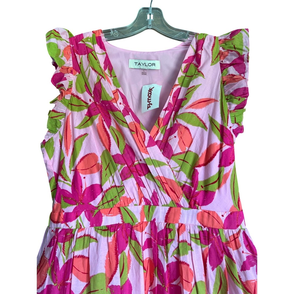 Taylor Pink Green Floral Ruffle Tiered Fit and Flare Dress Size Large NWT - Picture 2 of 9
